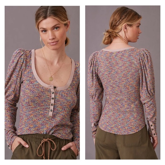 Anthropologie Puff-Sleeved Knit Henley Top Blouse Size Small - Picture 1 of 13